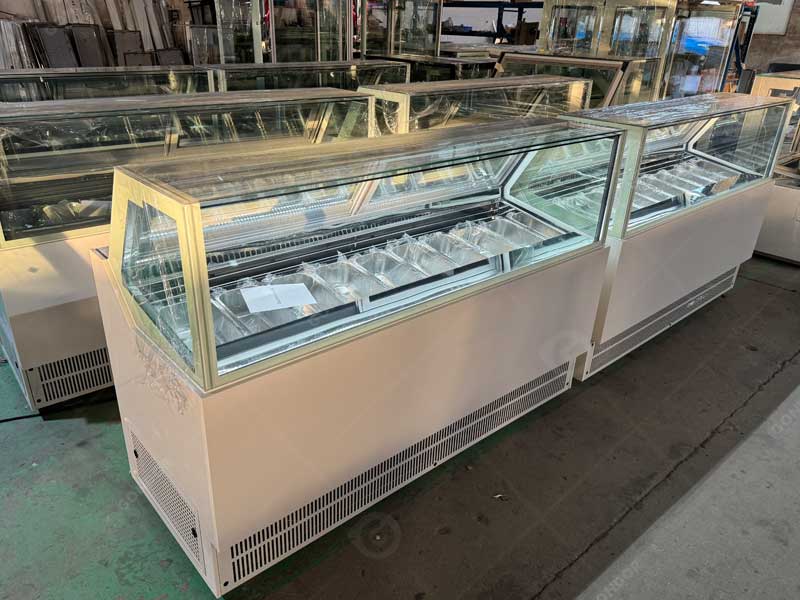 glass door ice cream display case with LED lighting for parlors