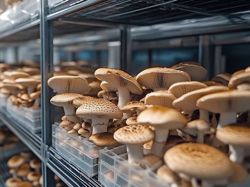 LED-lit mushroom growing setup in Canadian hydroponic container