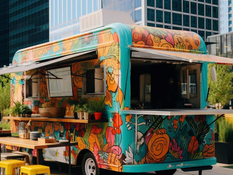 Round food trailer with awning for outdoor weather protection